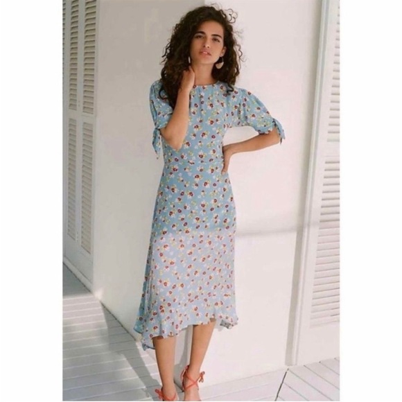 Faithful The Brand Emilia Midi Dress in Jasmine Blue Romantic Feminine Floral - Picture 1 of 13